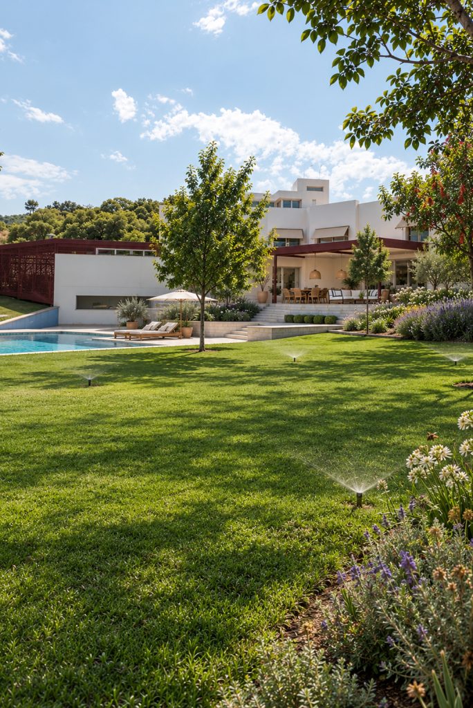 fachada-posterior-arrui-con jardín y piscina-maitenieto-VERTICAL